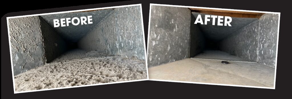Duct cleaning before and after with labeled comparison