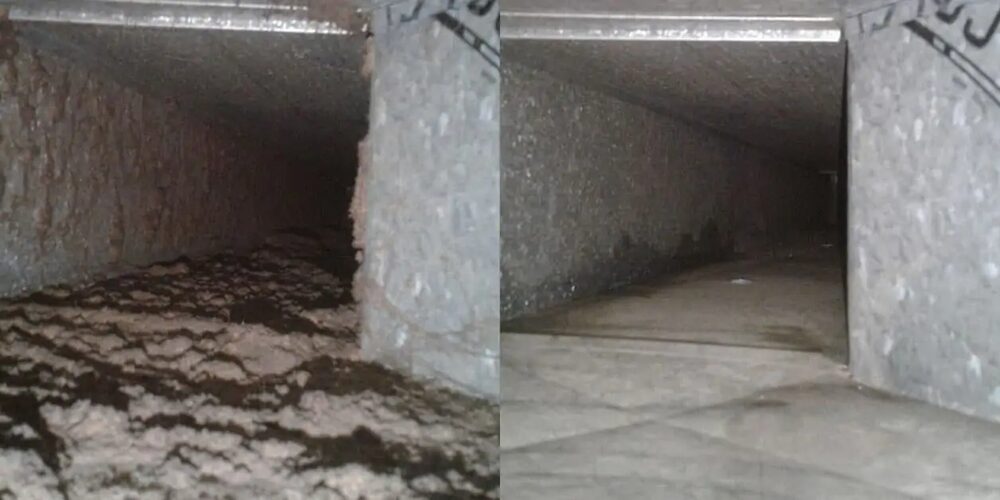 Side by side comparison of dirty and clean air ducts