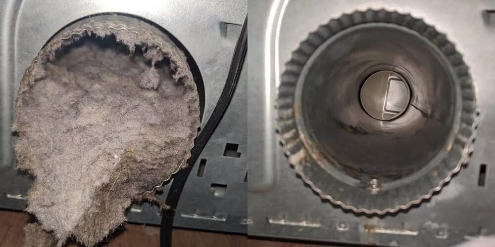 Dryer vent before and after cleaning - clogged lint vs clear opening